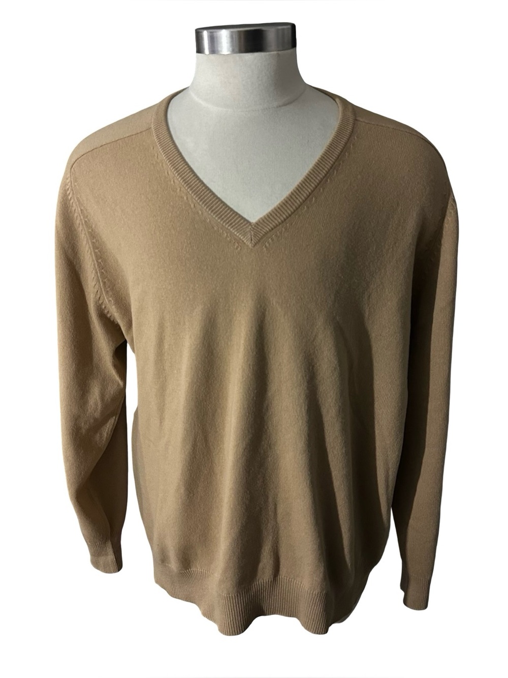 Lands End Fine Gauge 100% Cashmere V-Neck Sweater Men Sz XL Dark Camel Pullover